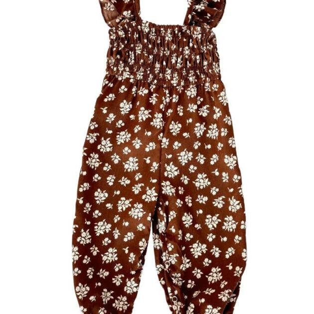Paisley Smocked Ruffle Jumpsuit - Brown Floral