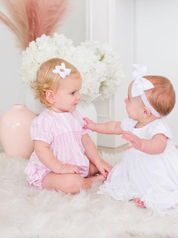 Baby Girls Pink Stripe Smocked Puff Sleeve Bubble Romper